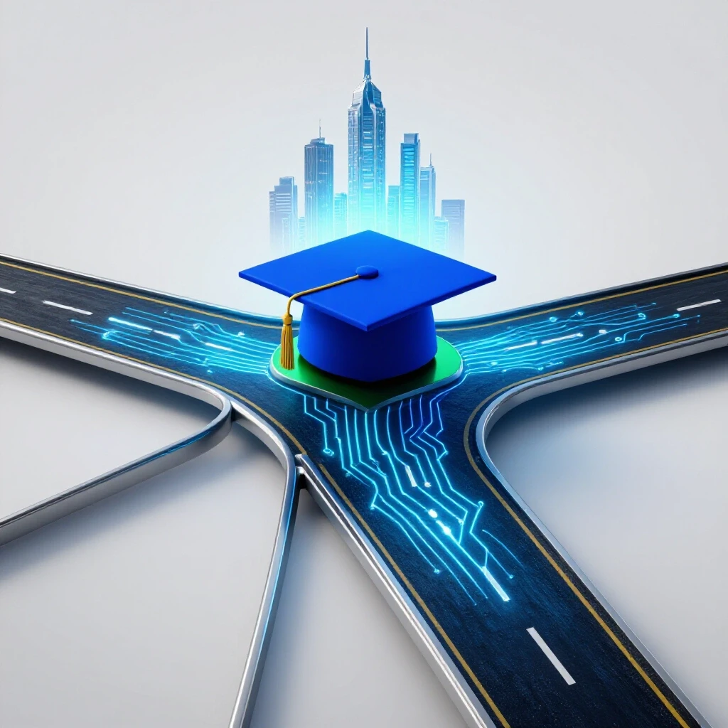 A crossroads with one AI-glowing path leading to a vibrant graduation cap and skyline, symbolizing choices in education and careers.