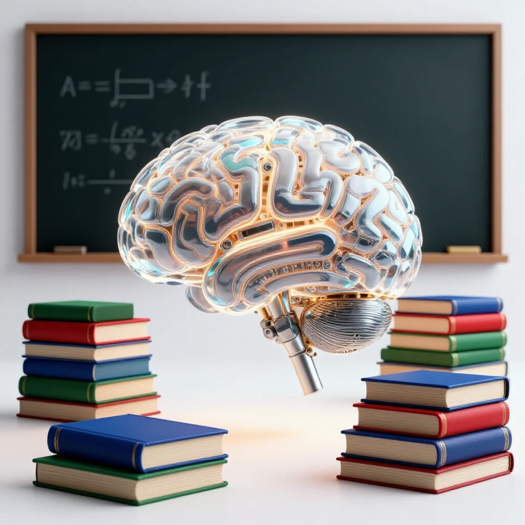 Futuristic glowing AI brain merging with colorful books and chalkboard, symbolizing technology in education.