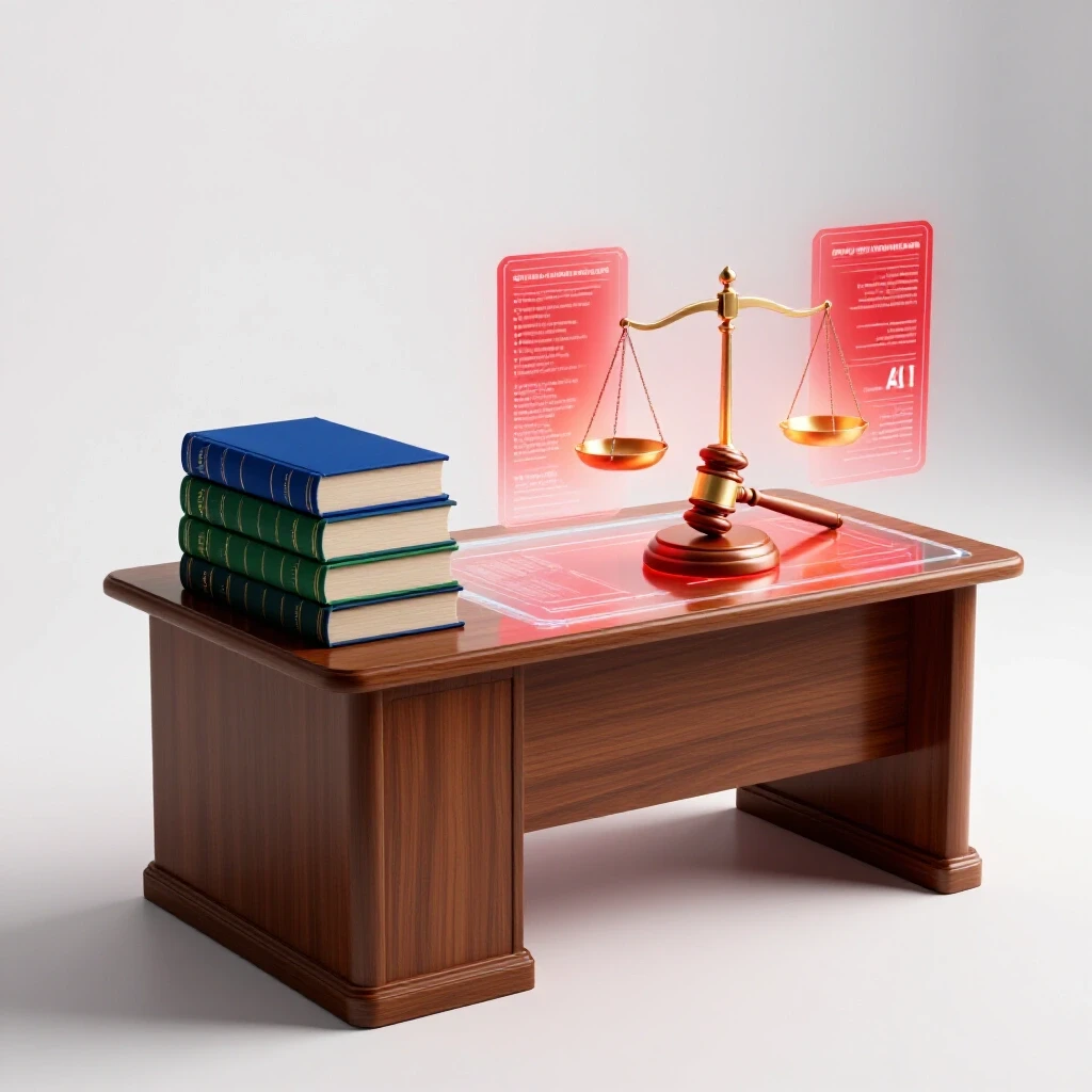Contrasting law classroom scene merging stacked legal books and digital holographic AI tools in a modern, bright setting