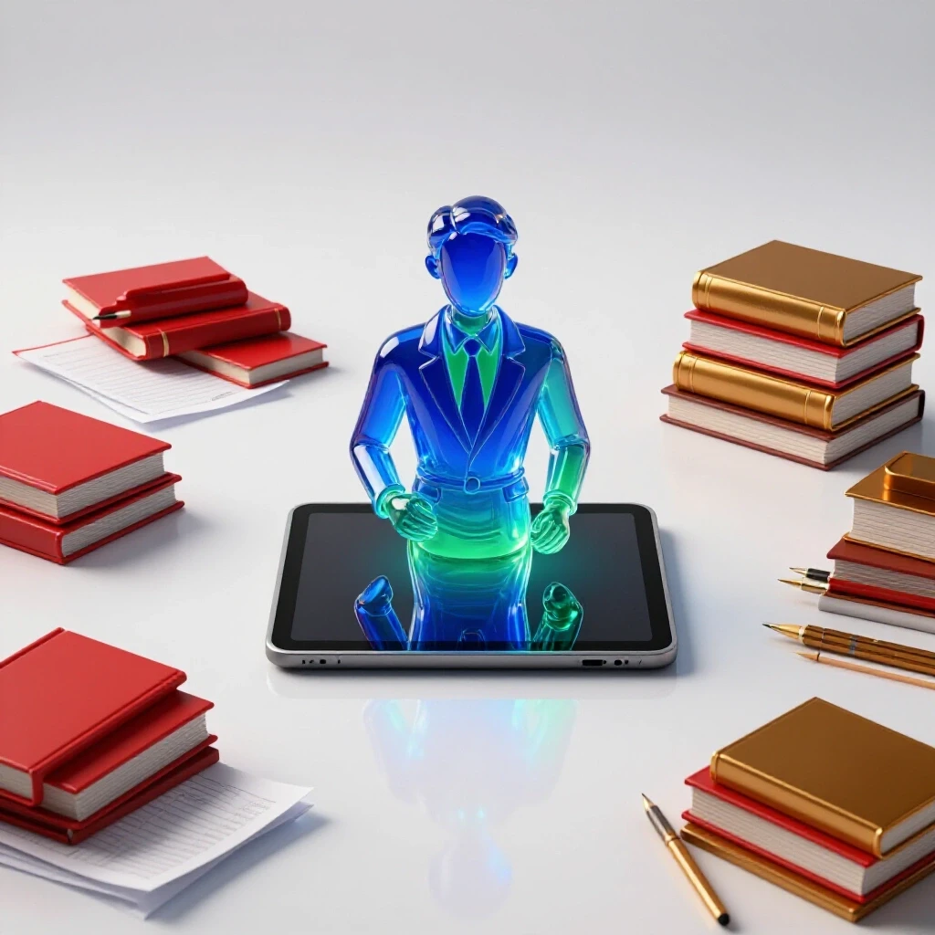 A glowing holographic AI mentor rises from a tablet, dividing cluttered study materials and organized supplies on a bright desk.