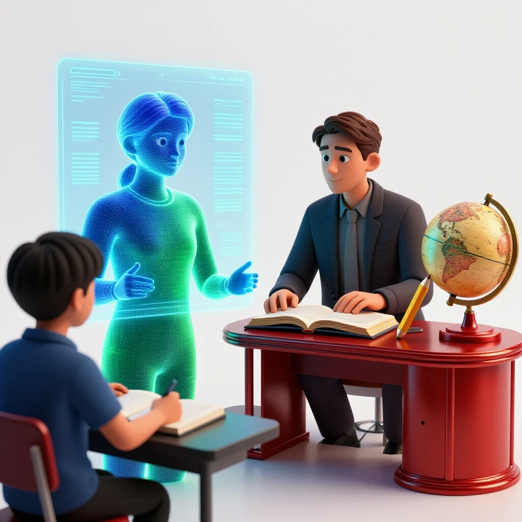 Split scene of a glowing holographic AI tutor and a warm human tutor workspace, contrasted on a bright white background.