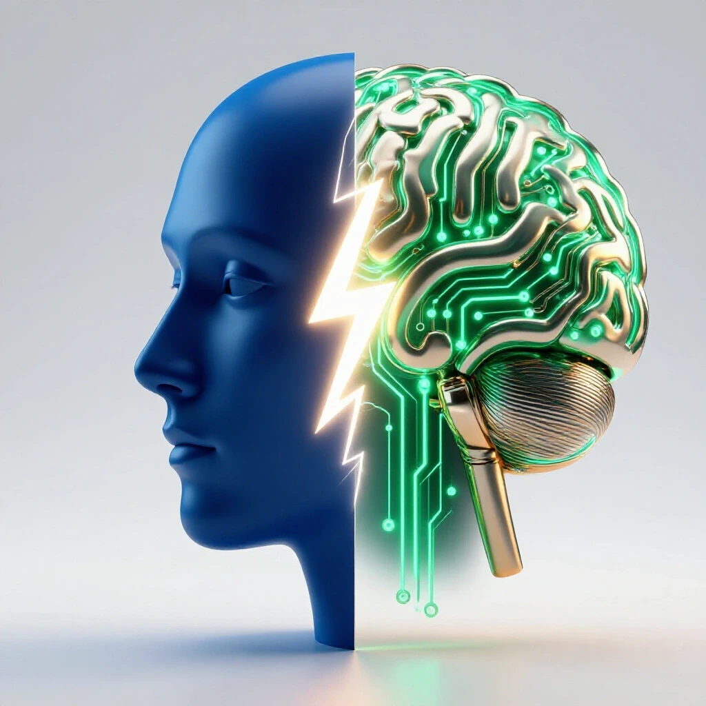 Split image of a reflective human face and glowing AI brain connected by a lightning bolt on a bright background.
