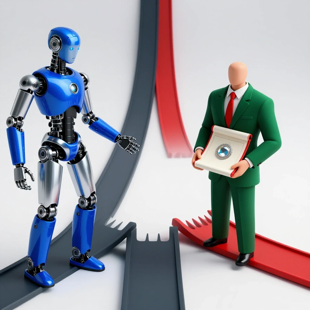 A forked pathway with a metallic blue AI robot on one side and a formal suit with certificate on the other, accented by bright studio lighting and bold colors.
