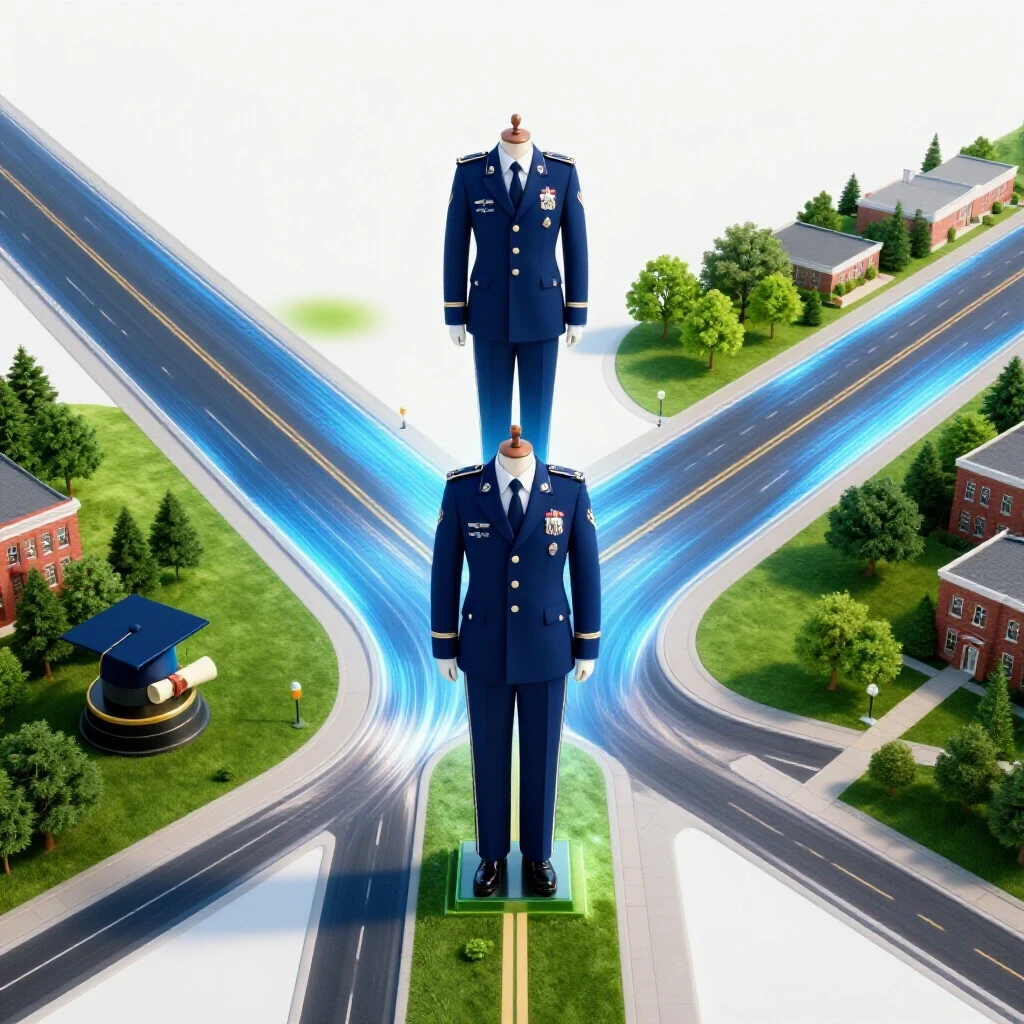Crossroads featuring an Air Force uniform between a glowing jet runway and vibrant campus path, set on a bright background