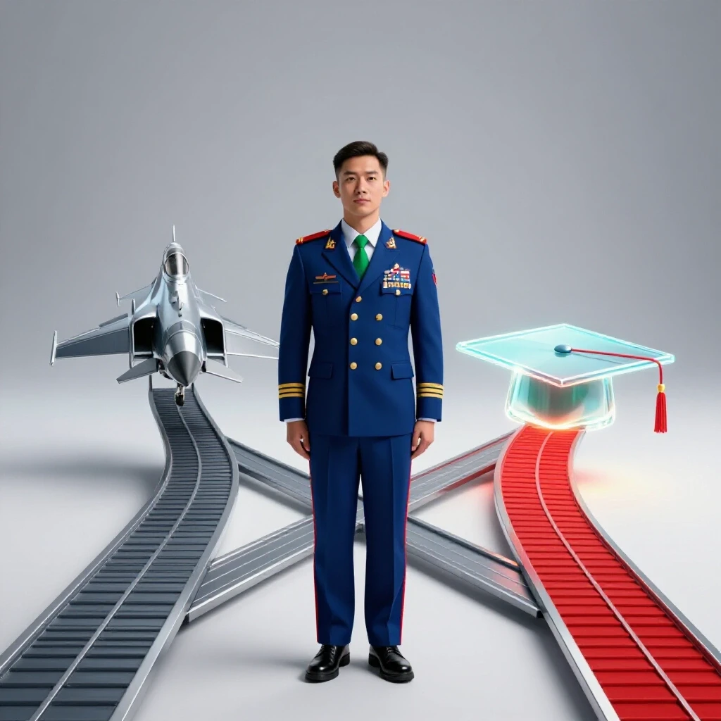 Air Force uniform at a crossroads between a soaring jet and a glowing graduation cap, set on a bright background