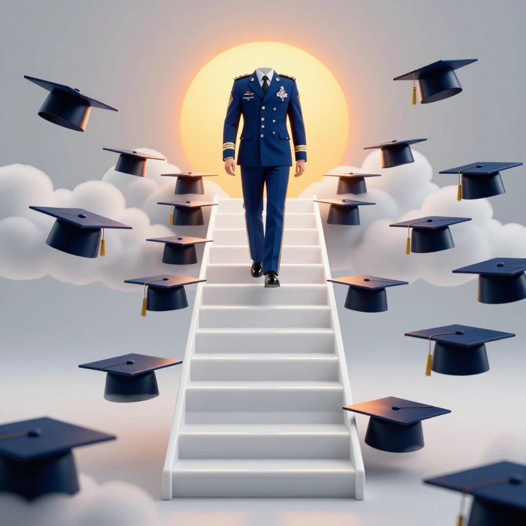 Air Force uniform on a staircase made of graduation caps ascending through clouds toward a rising sun