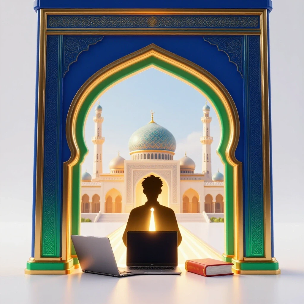 Luminous Islamic arch gateway with digital tools and glowing paths leading to a distant mosque on a bright background.