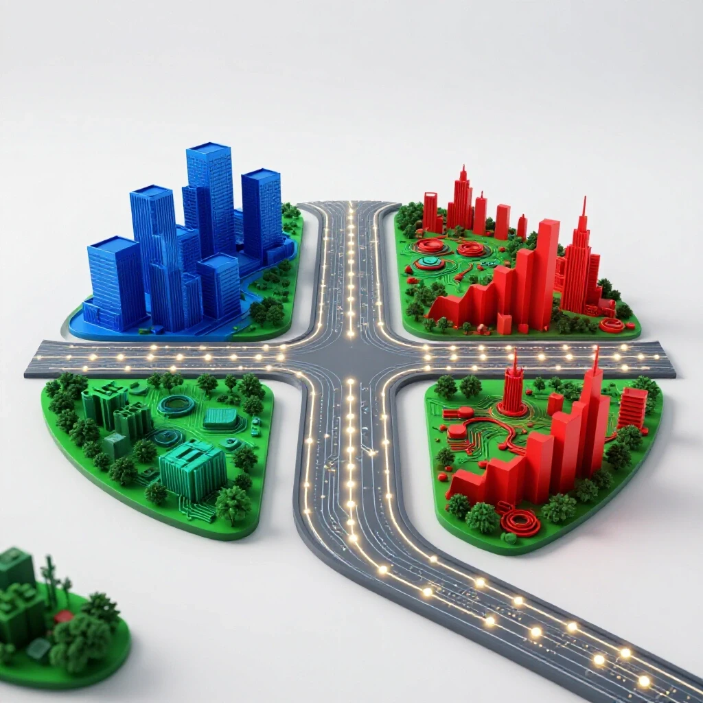 Glowing data path diverges at a crossroads, with office buildings on one side and digital graphs on the other.