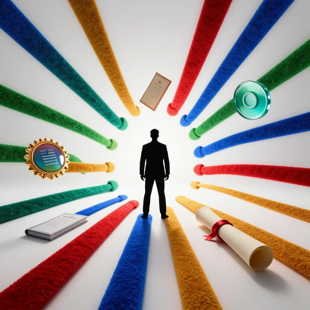 Silhouette at a crossroads surrounded by colorful pathways to badges, certificates, diplomas, and digital icons on a bright background.