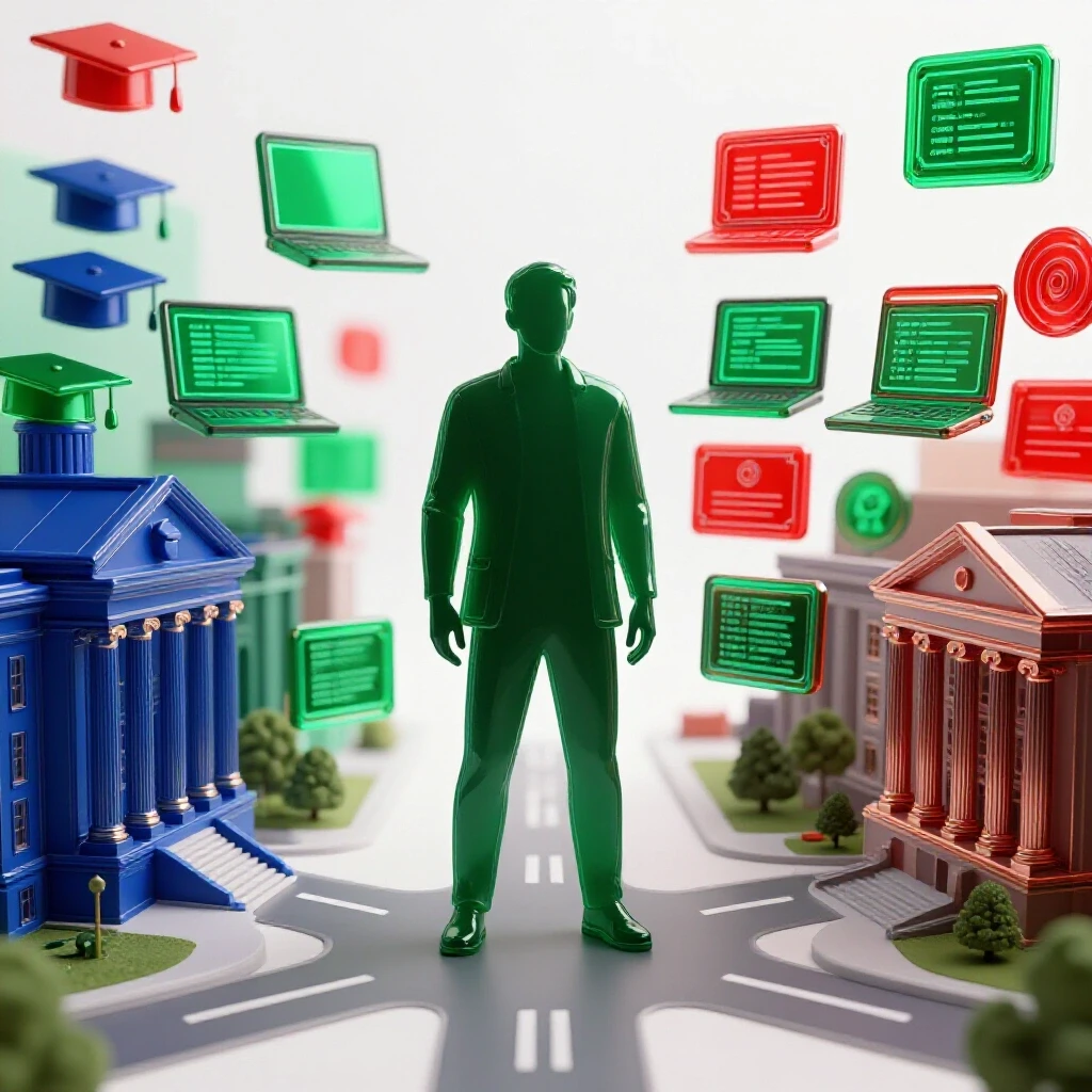 Bright scene showing a central figure at a crossroads between traditional academic buildings and innovative learning symbols in bold colors.