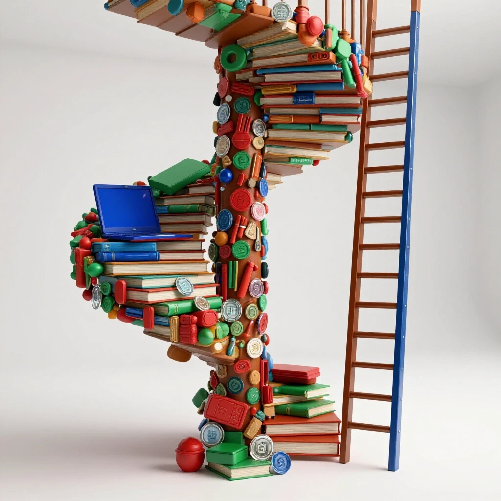 Winding staircase of vibrant educational tools rising beside a rigid, crowded corporate ladder on a bright background.