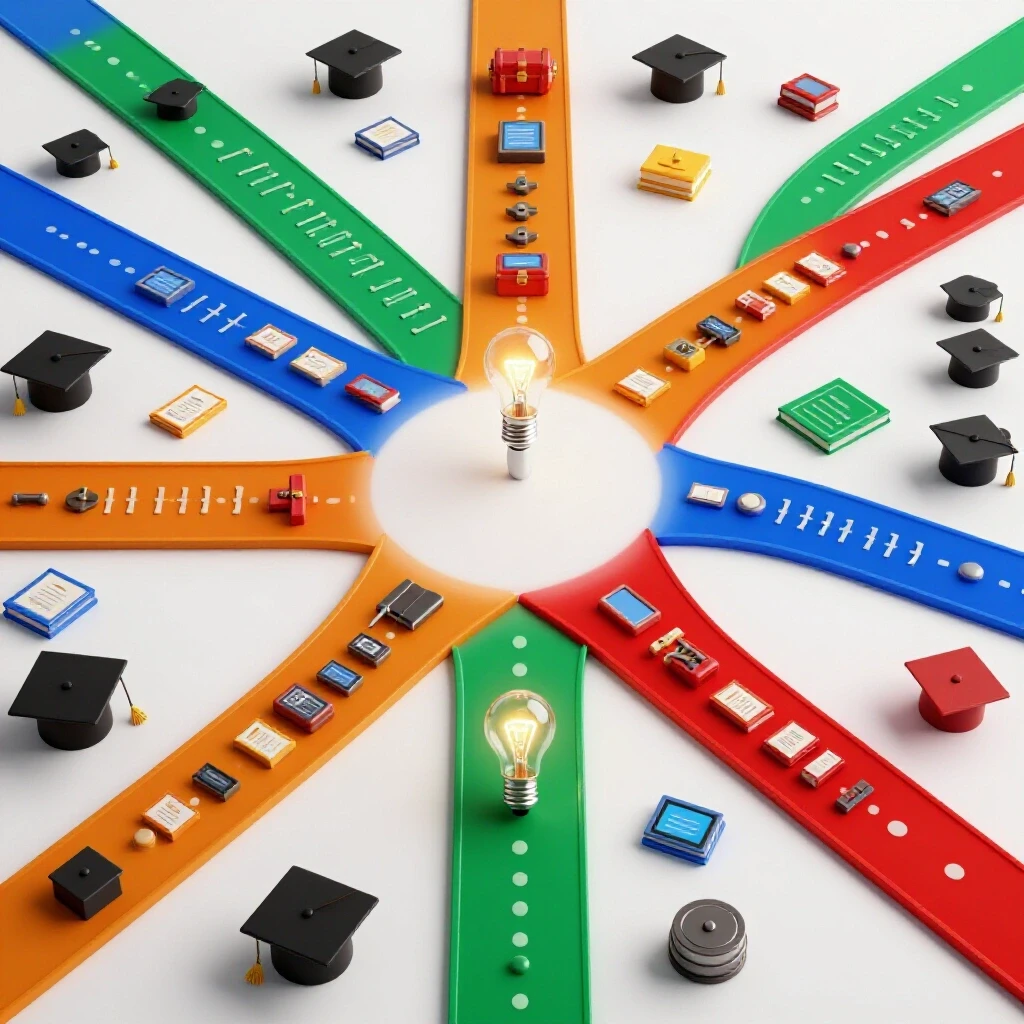 Diverging colorful paths with educational symbols on a bright white backdrop, evoking career choices.