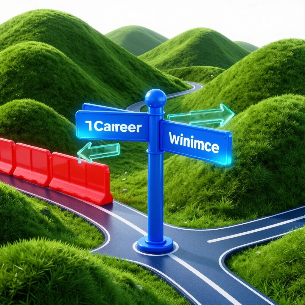A blue signpost at a crossroad with one blocked path and another winding through lush green hills, vibrant lighting highlighting choice and opportunity.