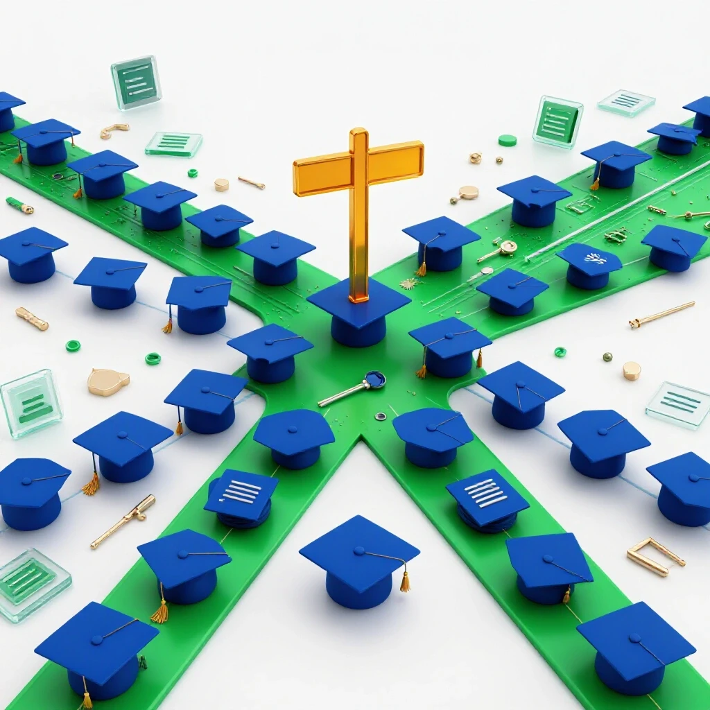 Crossroads with royal blue graduation caps on one path, and colorful creative symbols on another, set on a bright background.