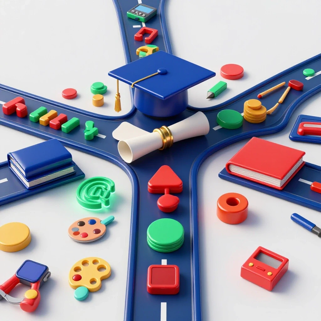 Colorful crossroads with academic symbols and creative learning icons on bright background, high contrast.