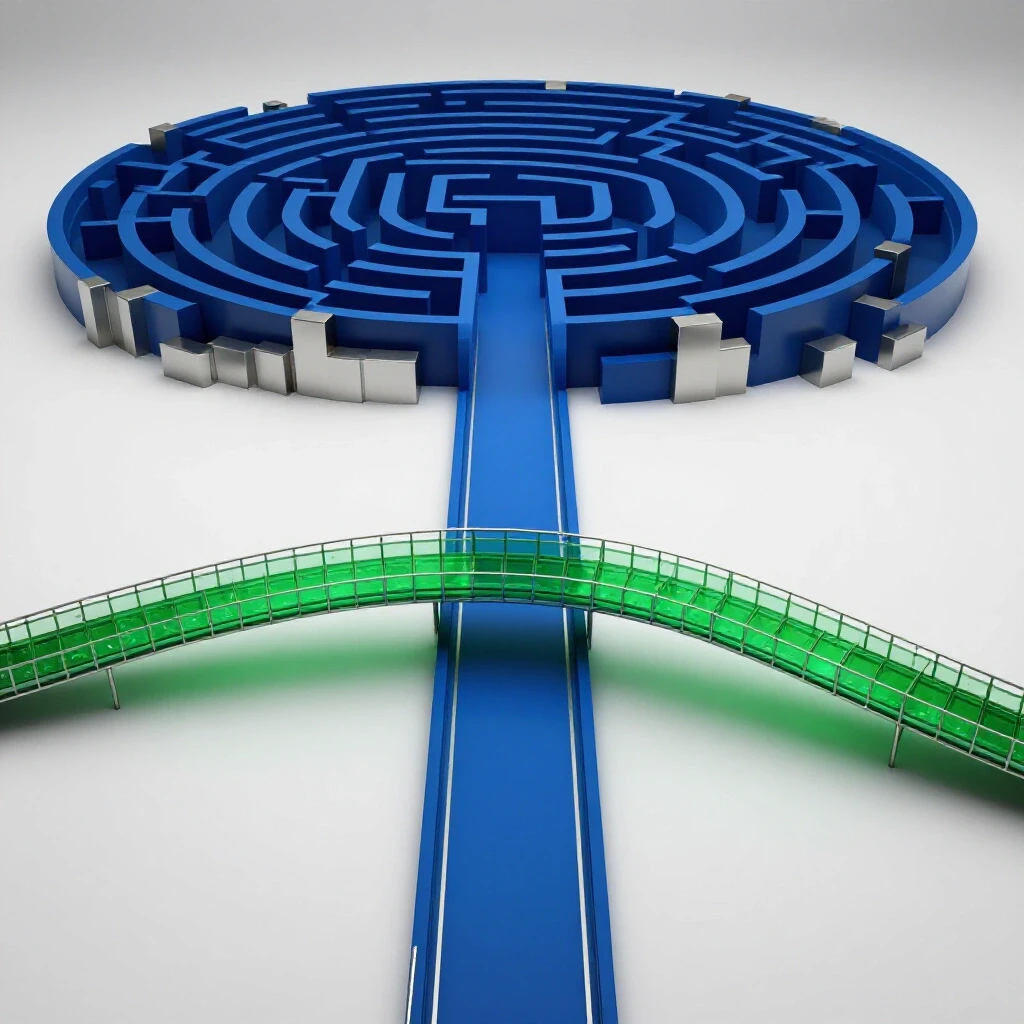 A centered forked pathway splits to a shadowy maze and an illuminated green bridge on bright white background.