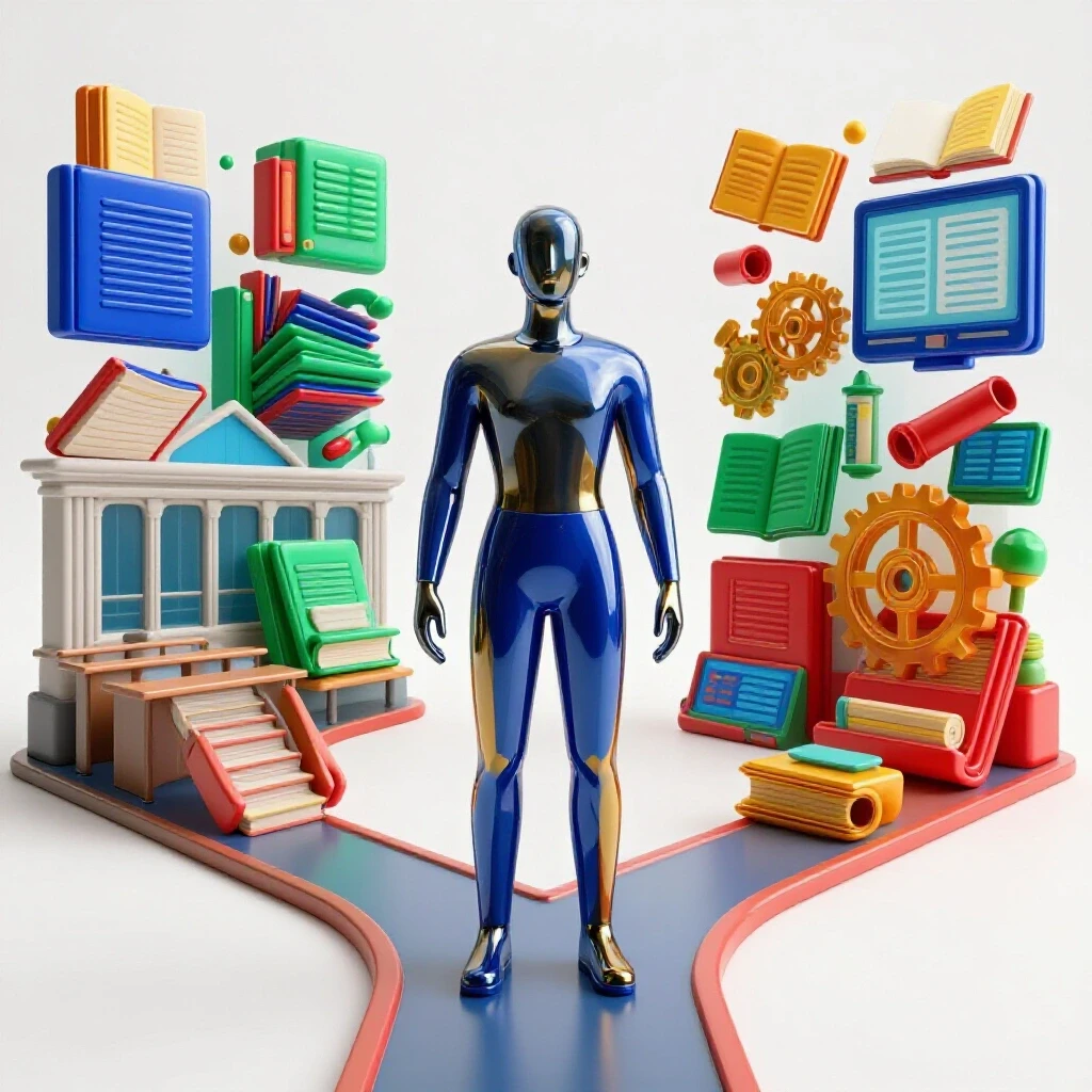 Abstract figure stands at a forked path between a fading classroom and vibrant alternative learning symbols.