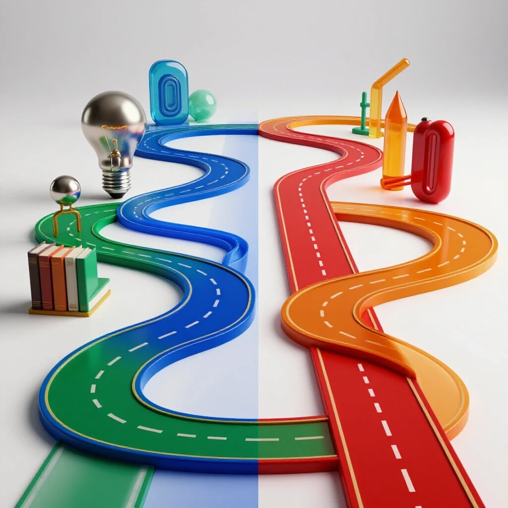 Split-path scene with a winding colorful road and a straight path diverging on a bright white background.