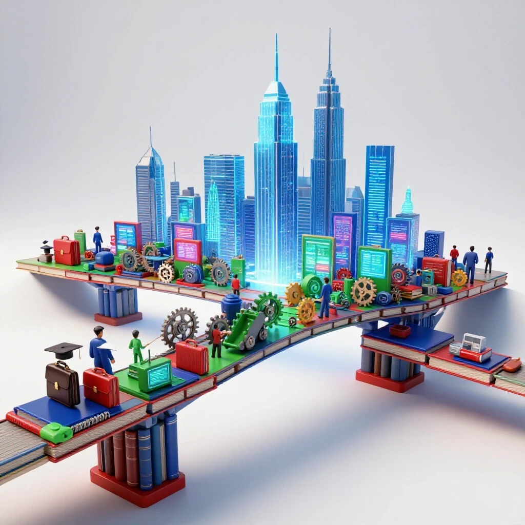 A bridge of books, gears, and screens spans a chasm linking job tools to a futuristic city skyline.