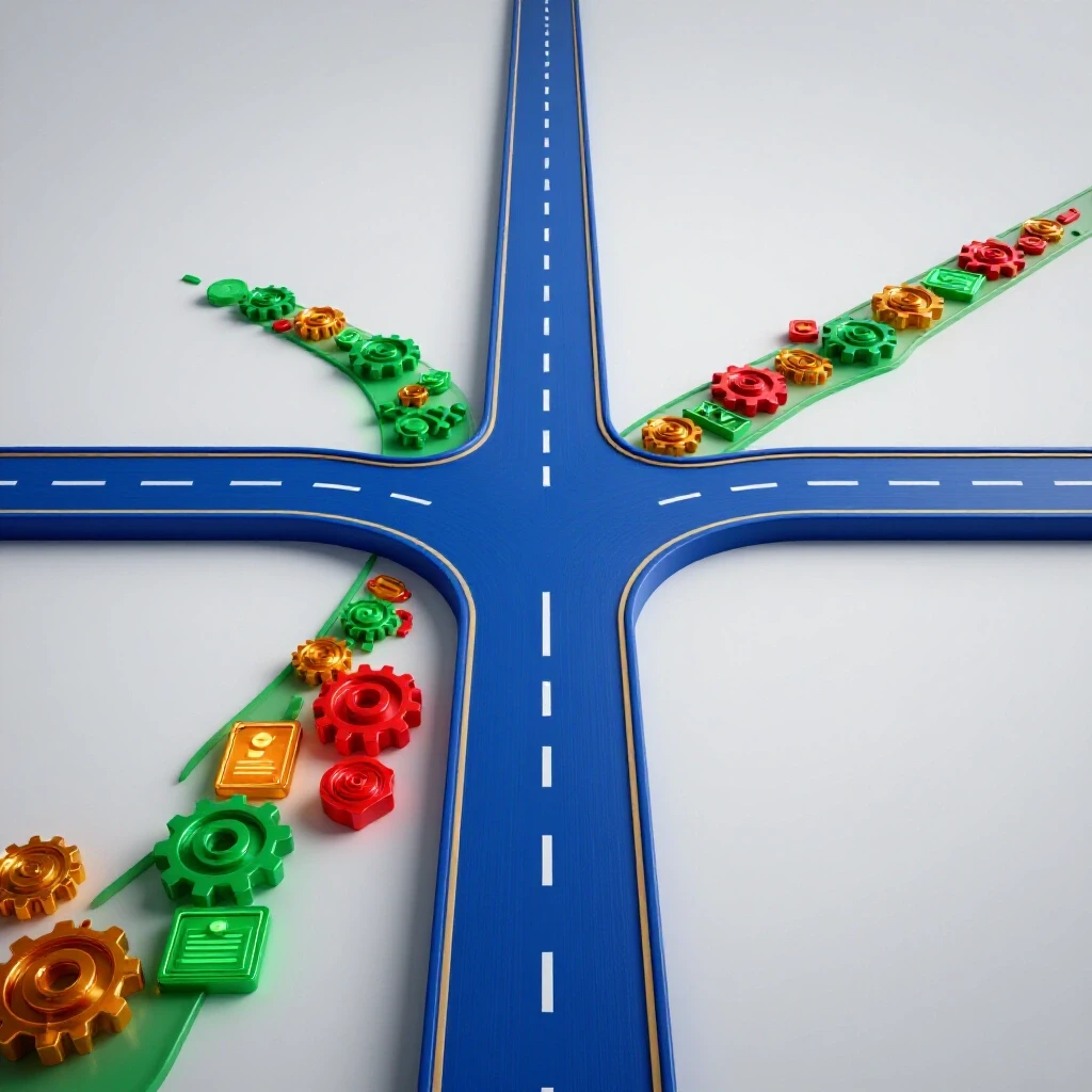 Dynamic crossroads with a glossy structured road and a vibrant trail of skill symbols under bright lighting