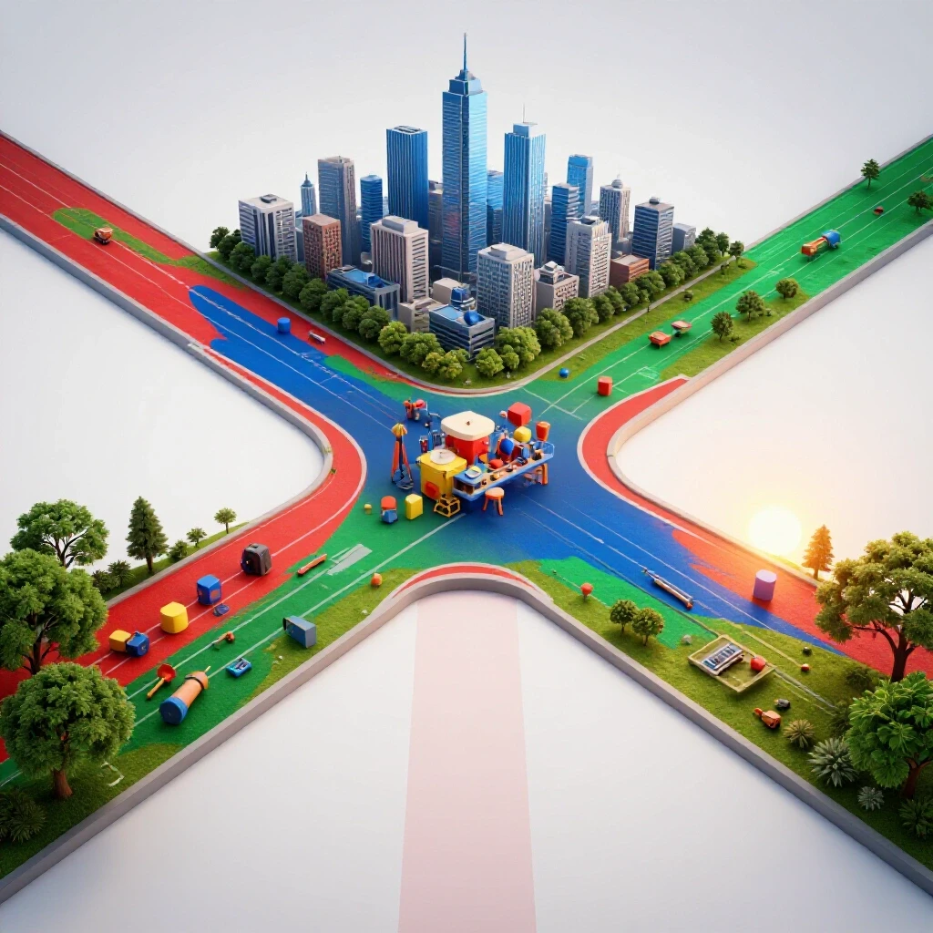 Vivid crossroads with colorful paths leading to a city, creative studio, and outdoor landscape, bright studio lighting