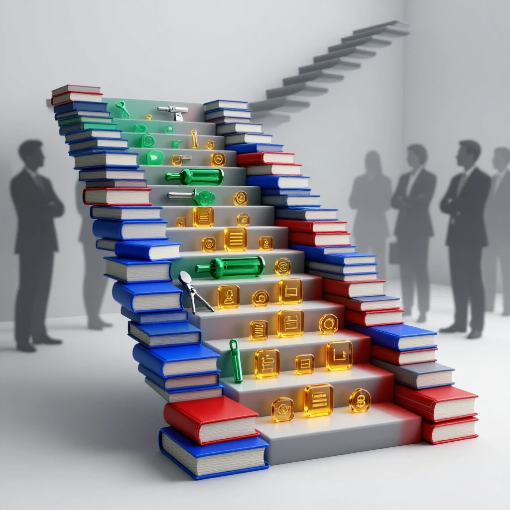 Vivid 3D staircase of books, tools, certificates, and digital icons rising in a bright studio setting