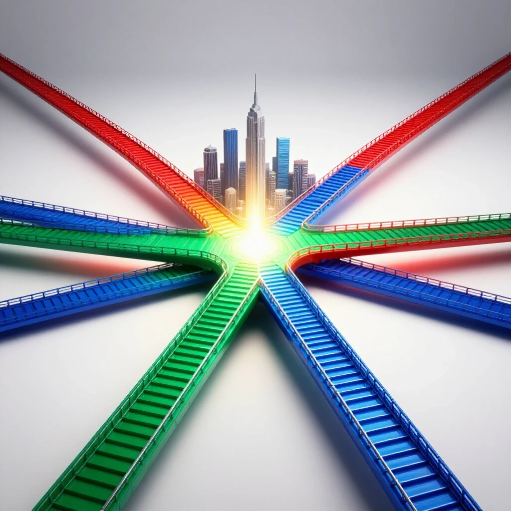 Multiple vibrant pathways—stepping stones, ladders, and bridges—converging at a crossroads toward a bright city skyline on a clean background.