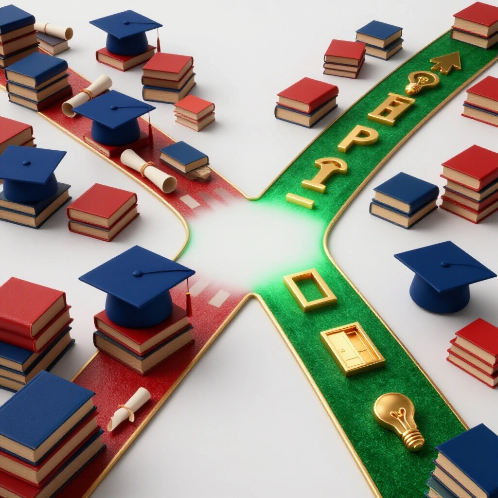 Vivid 3D crossroads scene with one crowded academic path and a glowing alternative path inviting opportunity