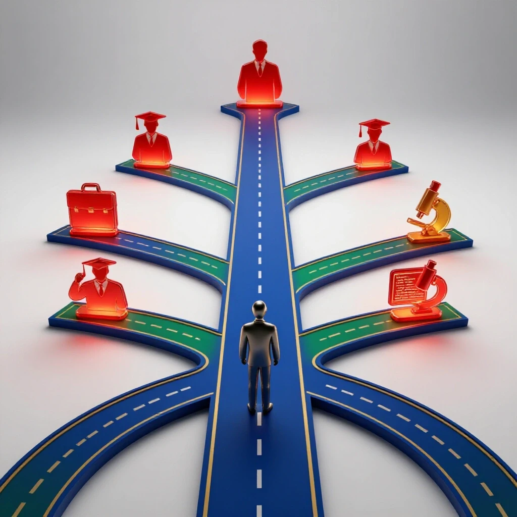 A branching path with glowing alumni silhouettes in vibrant colors symbolizing career exploration