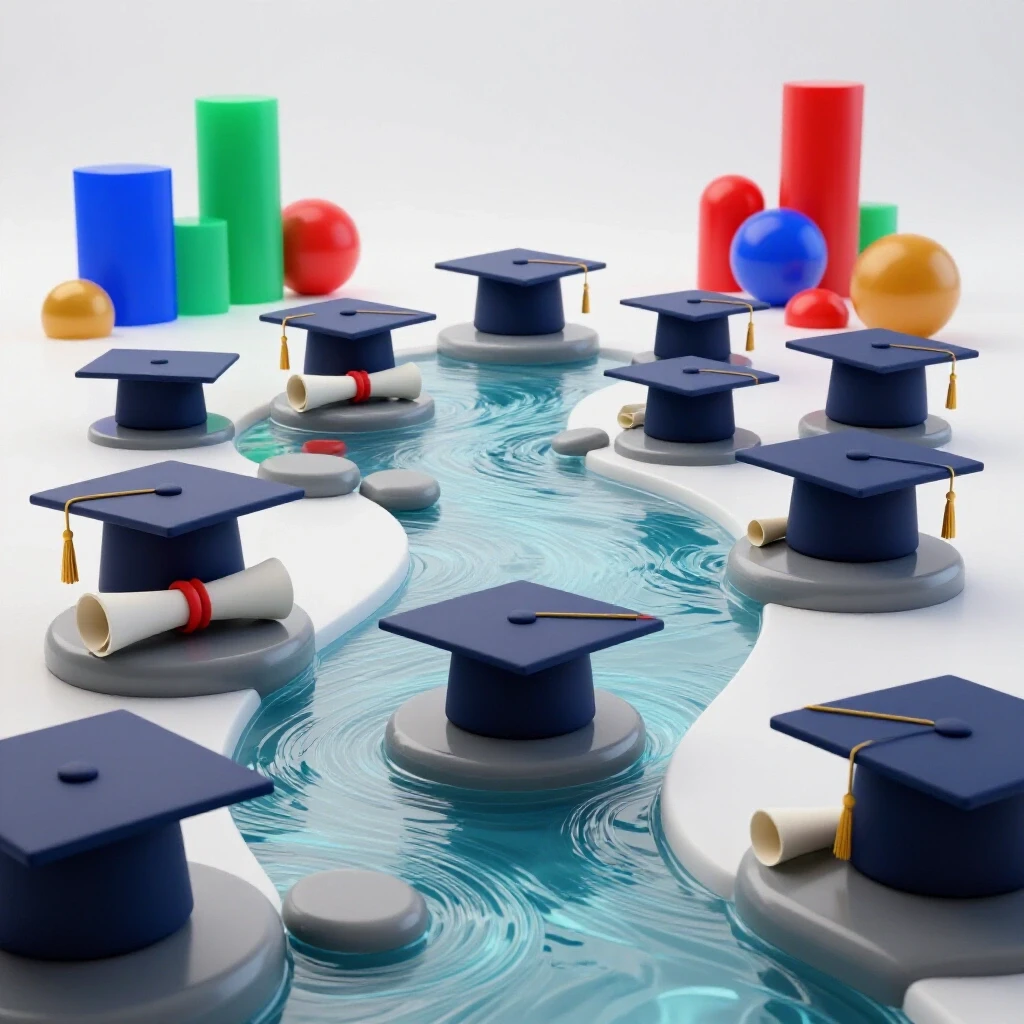 Graduation caps and diplomas on stepping stones across a river with gaps, leading to colorful career symbols in the distance.
