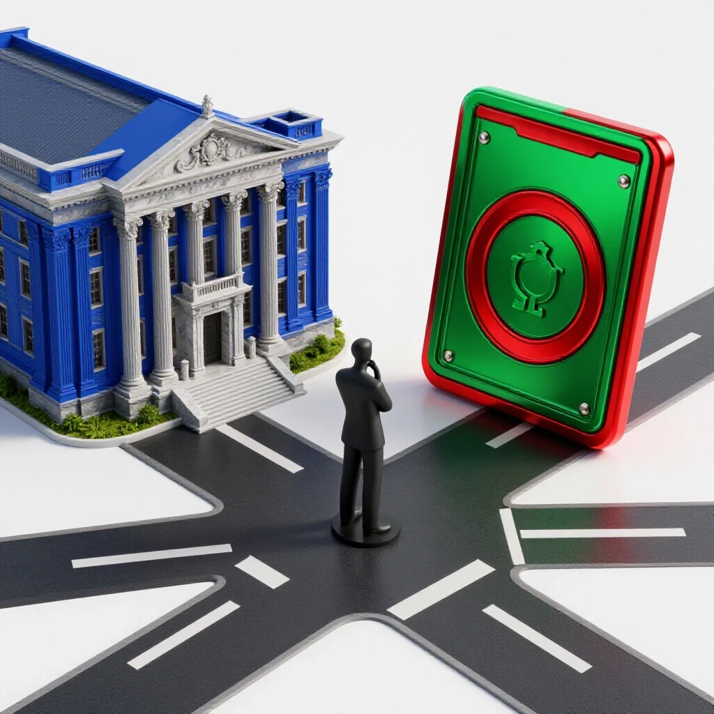 A crossroads with a classical university building on one path and a digital certification badge on the other, separated by a sculptural figure at the center.