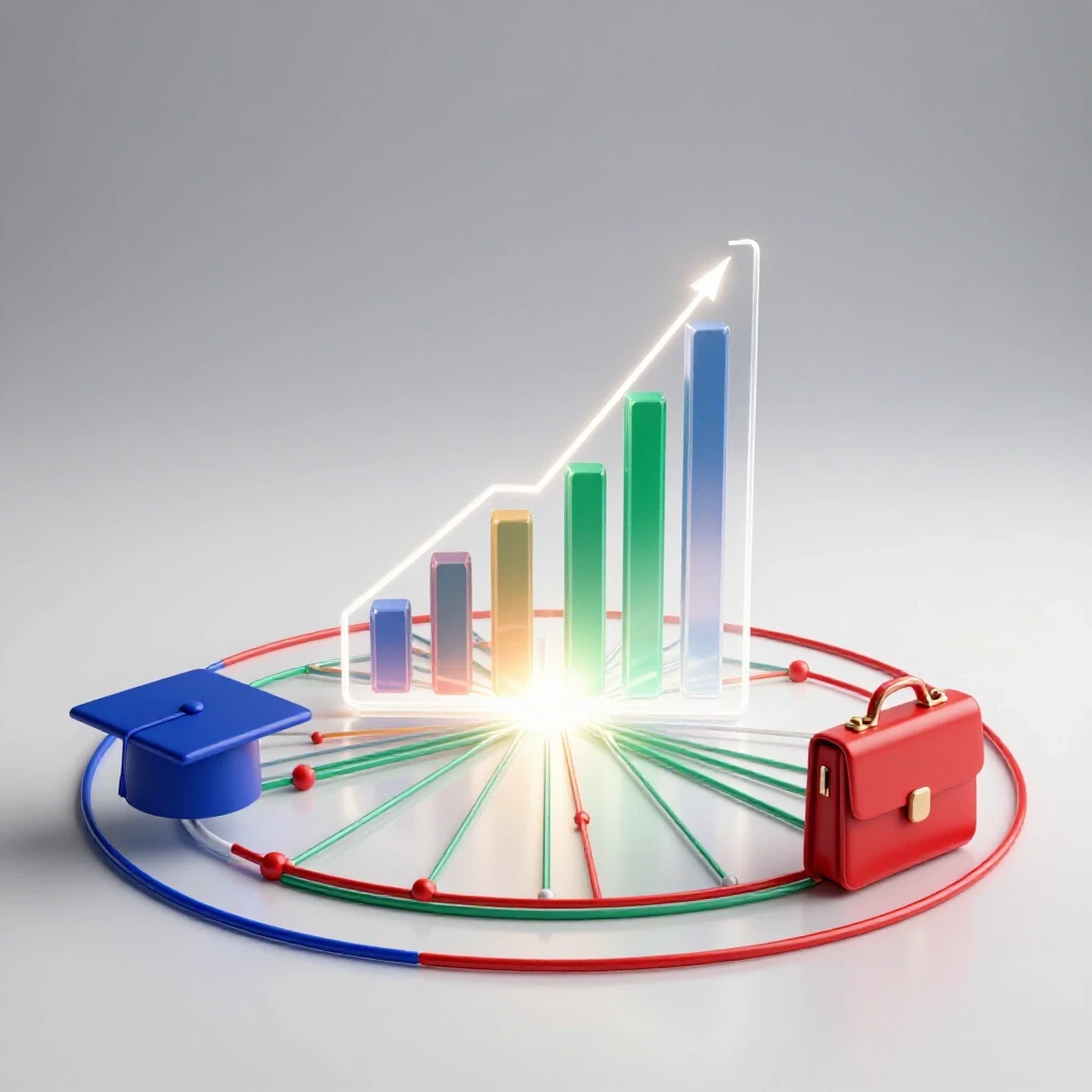 Glowing transparent chart with branching career paths and vivid educational symbols on a bright studio background