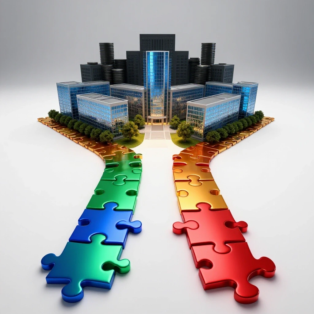 Two diverging puzzle-piece paths leading to contrasting campuses, symbolizing college cost choices.