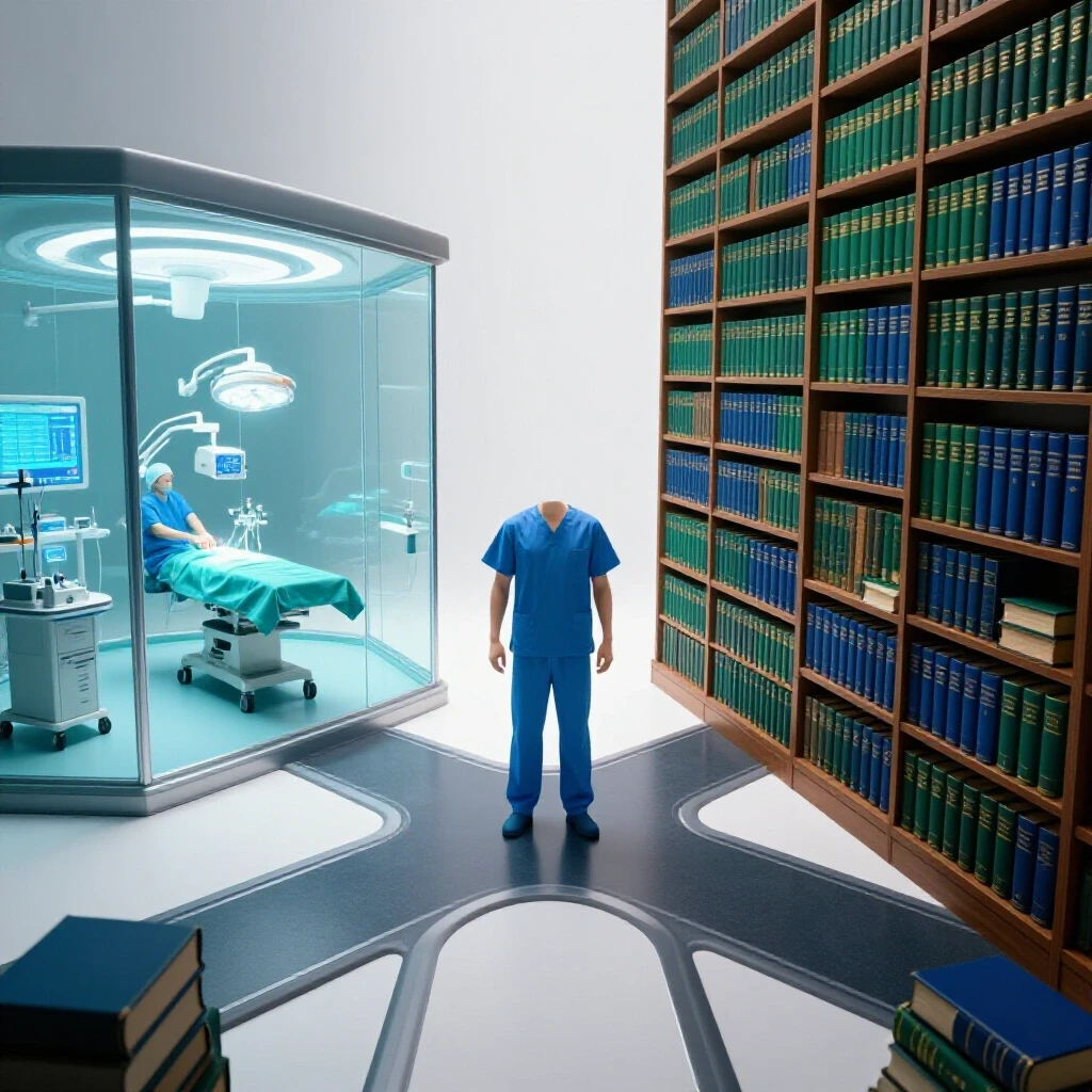 Dramatic crossroads with a gleaming operating room on one path and a vibrant medical library on the other, centered set of medical scrubs at the fork symbolizing career choice.