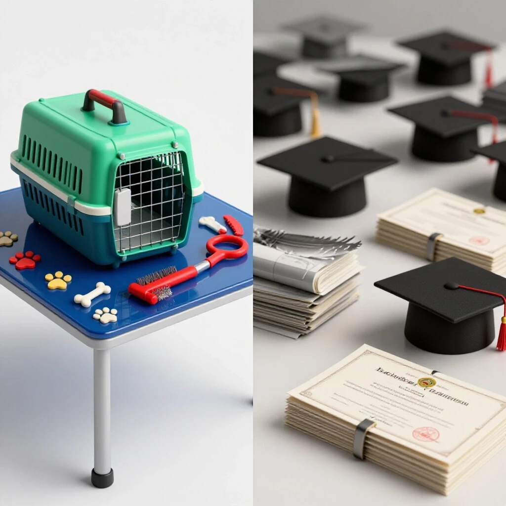 Split scene with vibrant animal care tools and icons on one side, academic symbols fading on the other, in a bright studio setting.