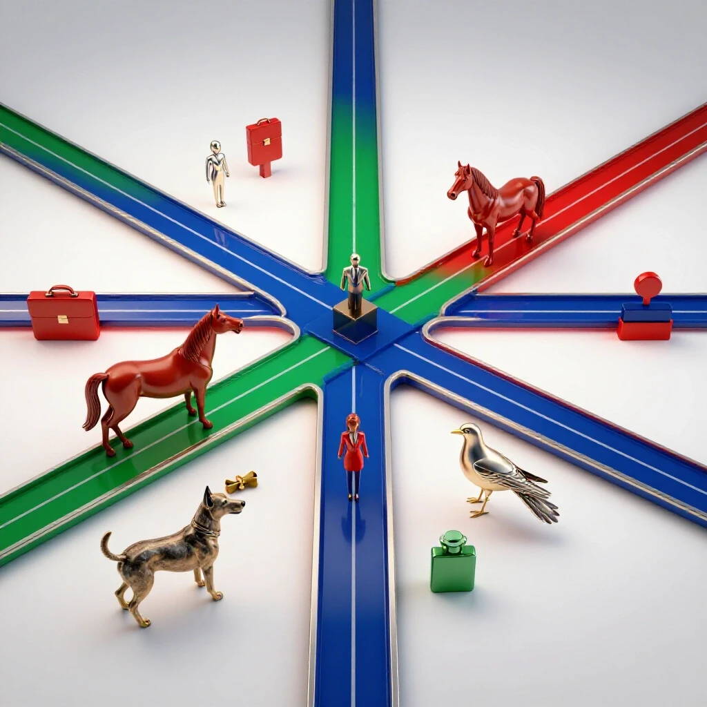 Colorful crossroads with animal statues and career symbols on a bright white background, evoking career choices in animal science.