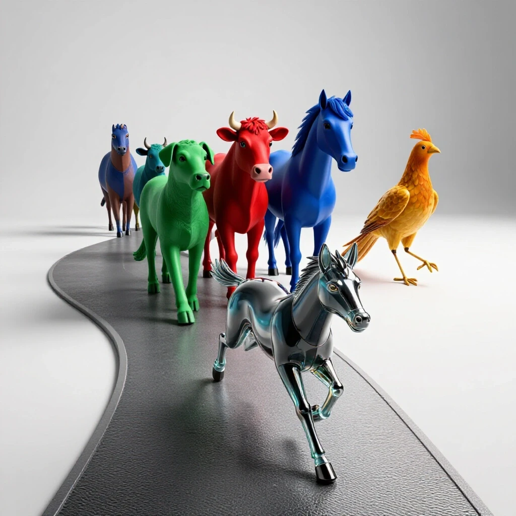 Vivid, diverse animals on a glossy pathway toward a bright finish line, one boldly taking a shortcut.