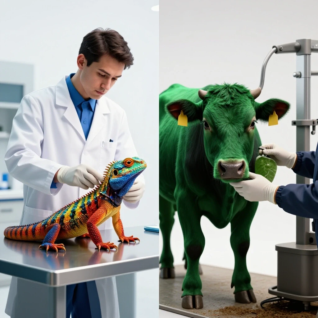 Contrasting scenes of animal science: lab work with an exotic animal and hands-on care for livestock, vibrant and well-lit.