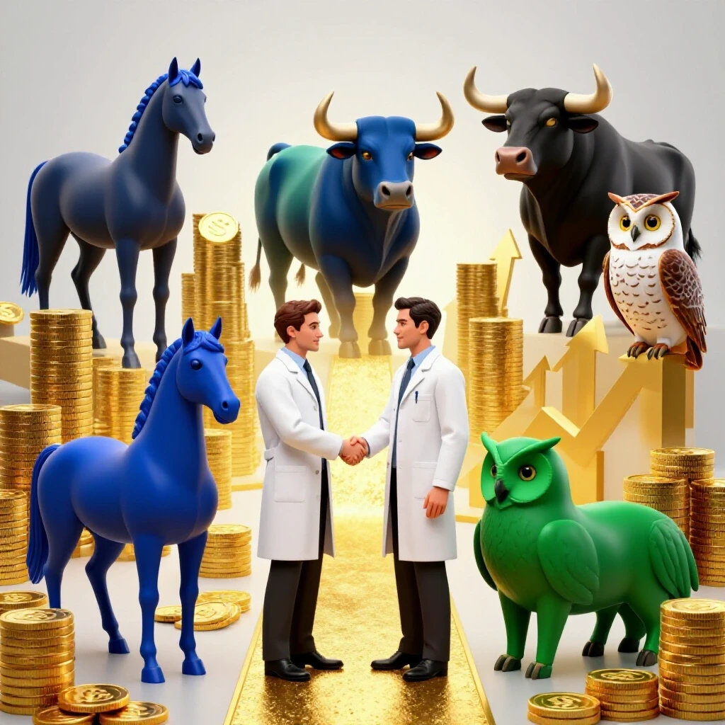 Professional in lab coat shaking hands with executive, surrounded by animals and wealth symbols on a bright background.