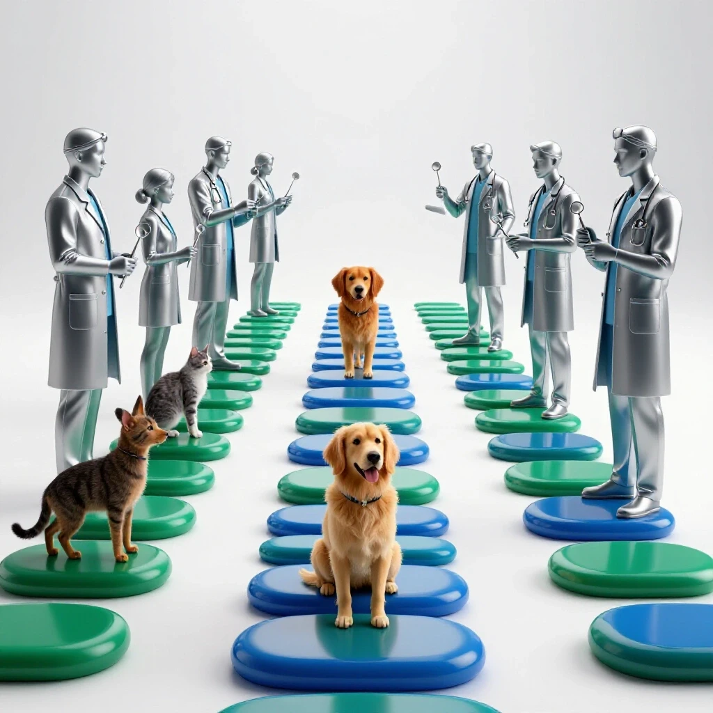 Stepping stones transforming from animal figures to veterinarian silhouettes on a bright background
