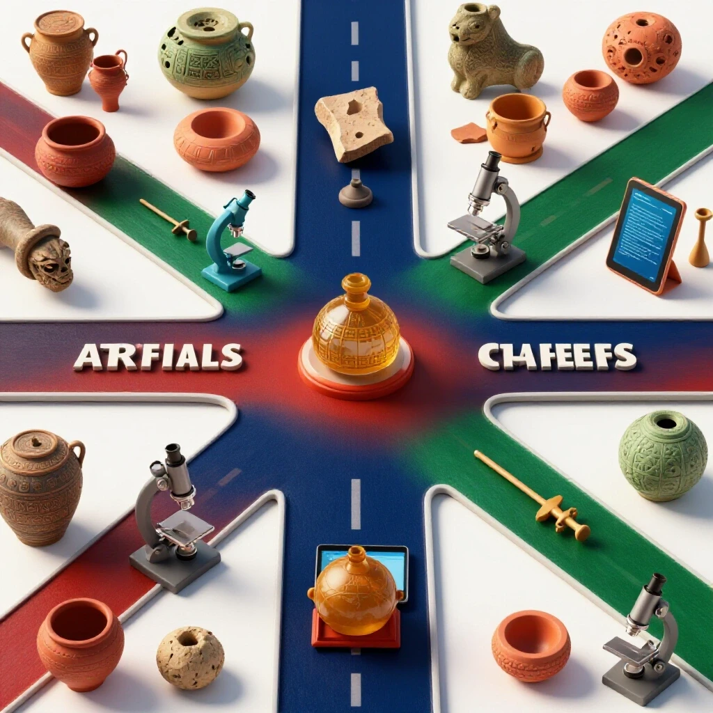 Central crossroads with branching paths leading to anthropology symbols, set amid ancient artifacts and modern research tools.