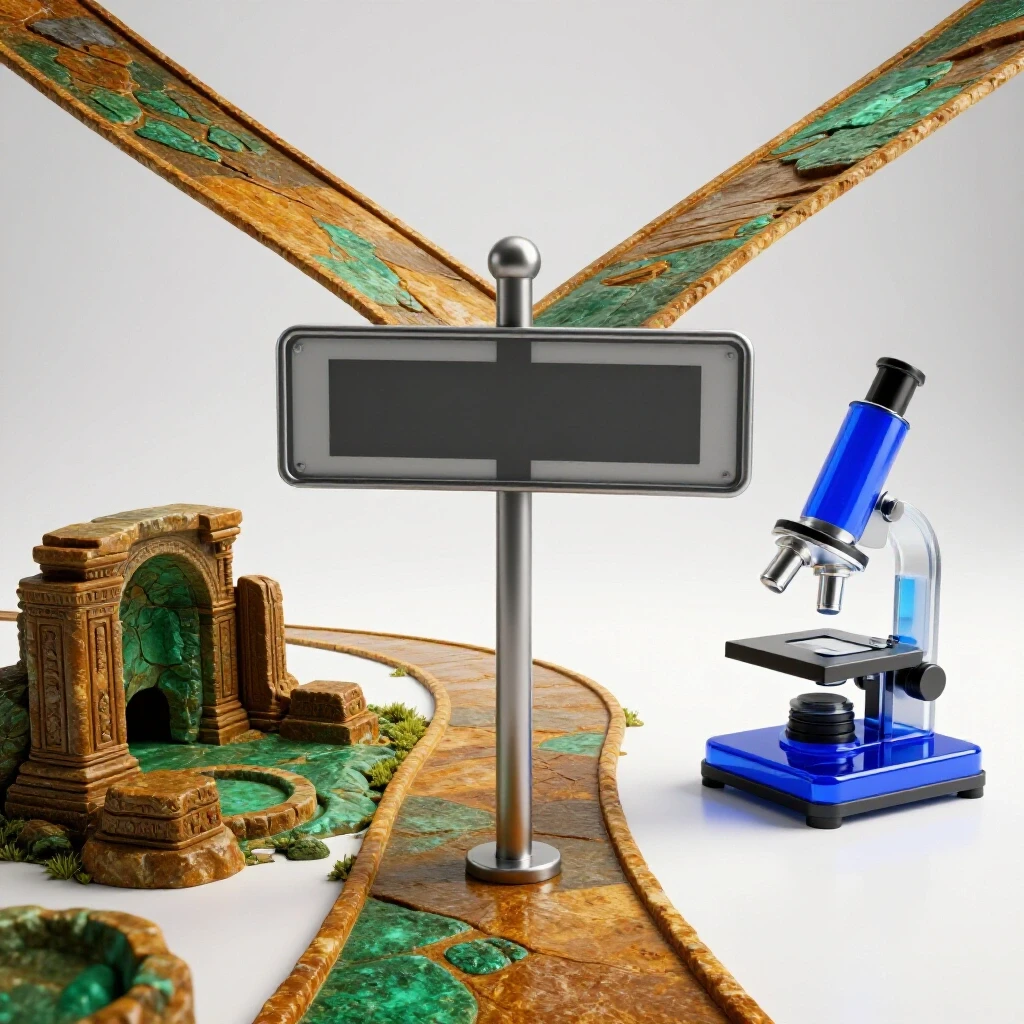 Crossroads with one path leading to ancient artifacts and ruins, the other to a modern research lab setup.