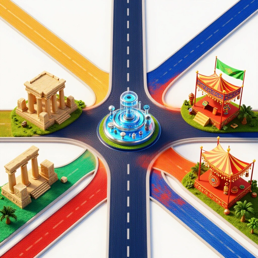 A crossroads with vibrant paths leading to ancient ruins, a research lab, and a cultural festival setting