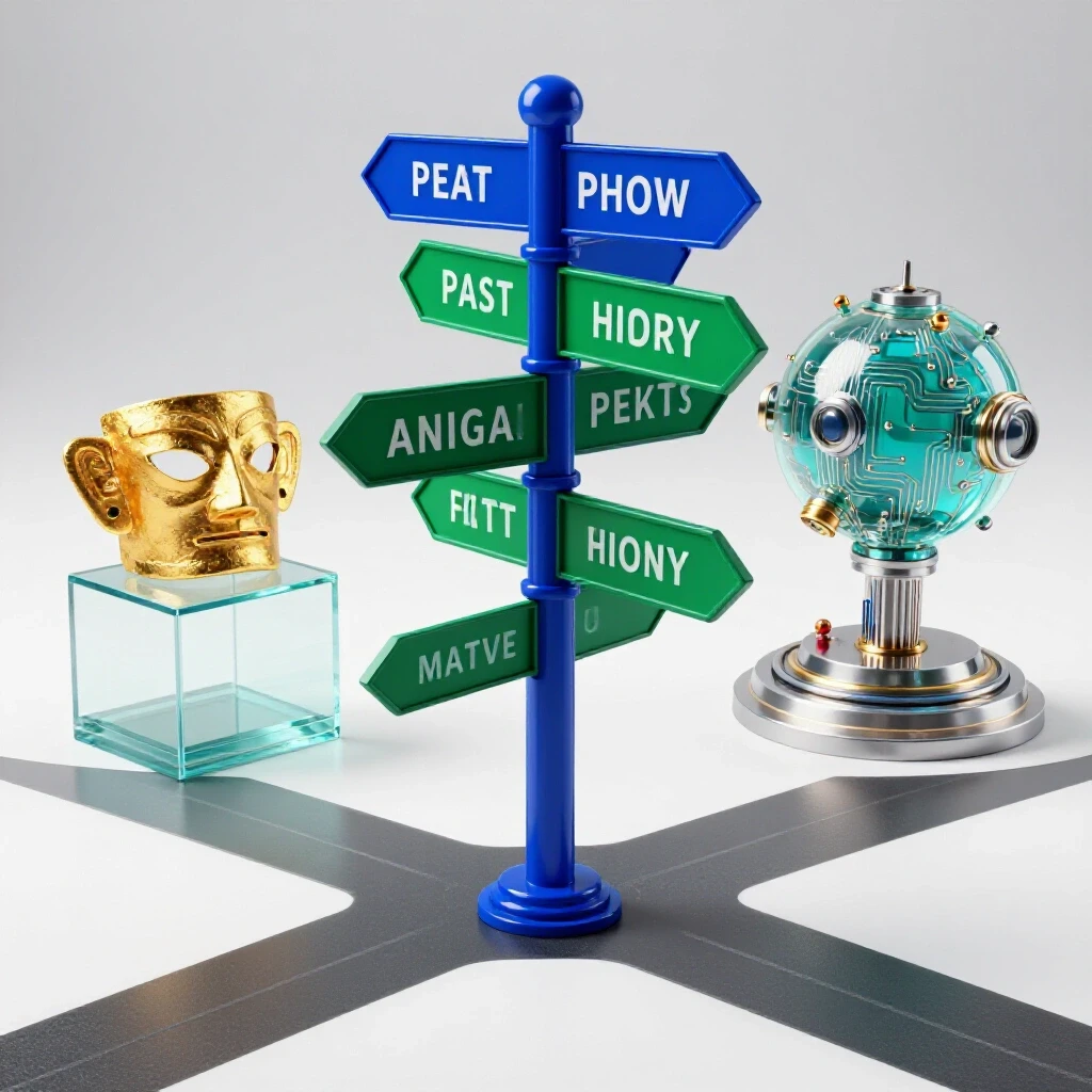 A crossroads featuring ancient artifacts and futuristic technology on display under bright studio lights