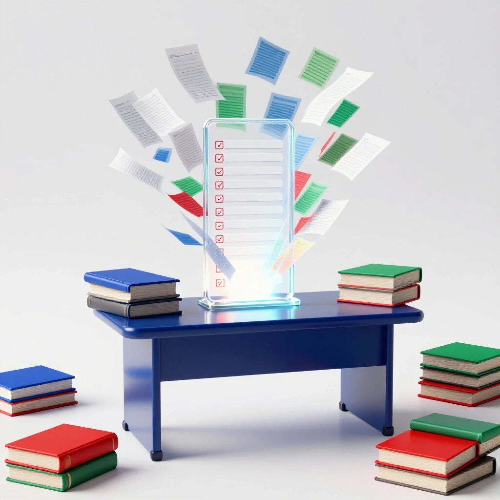 Stacked colorful books and cascading papers transforming into a glowing checklist on a bright desk scene.