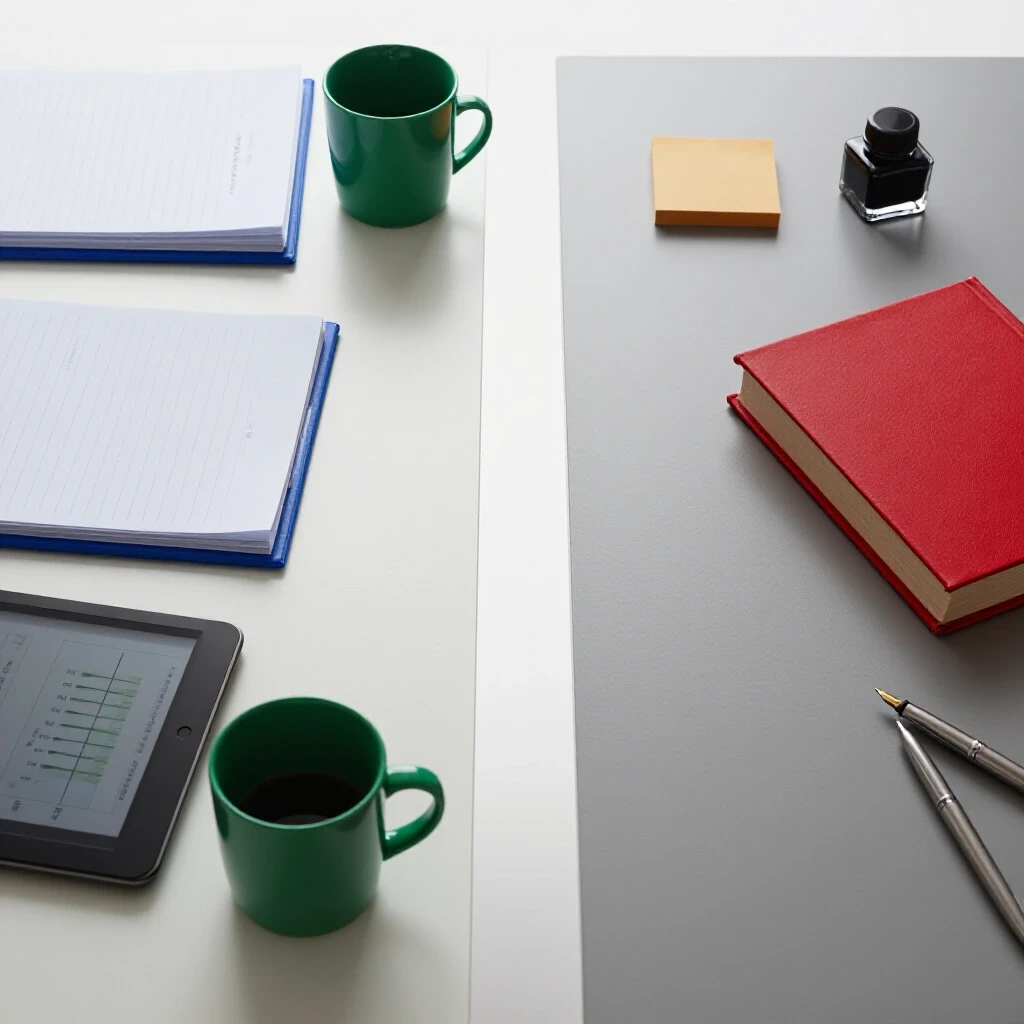 Two contrasting desks separated by a line, each displaying vibrant study tools symbolizing different citation styles.