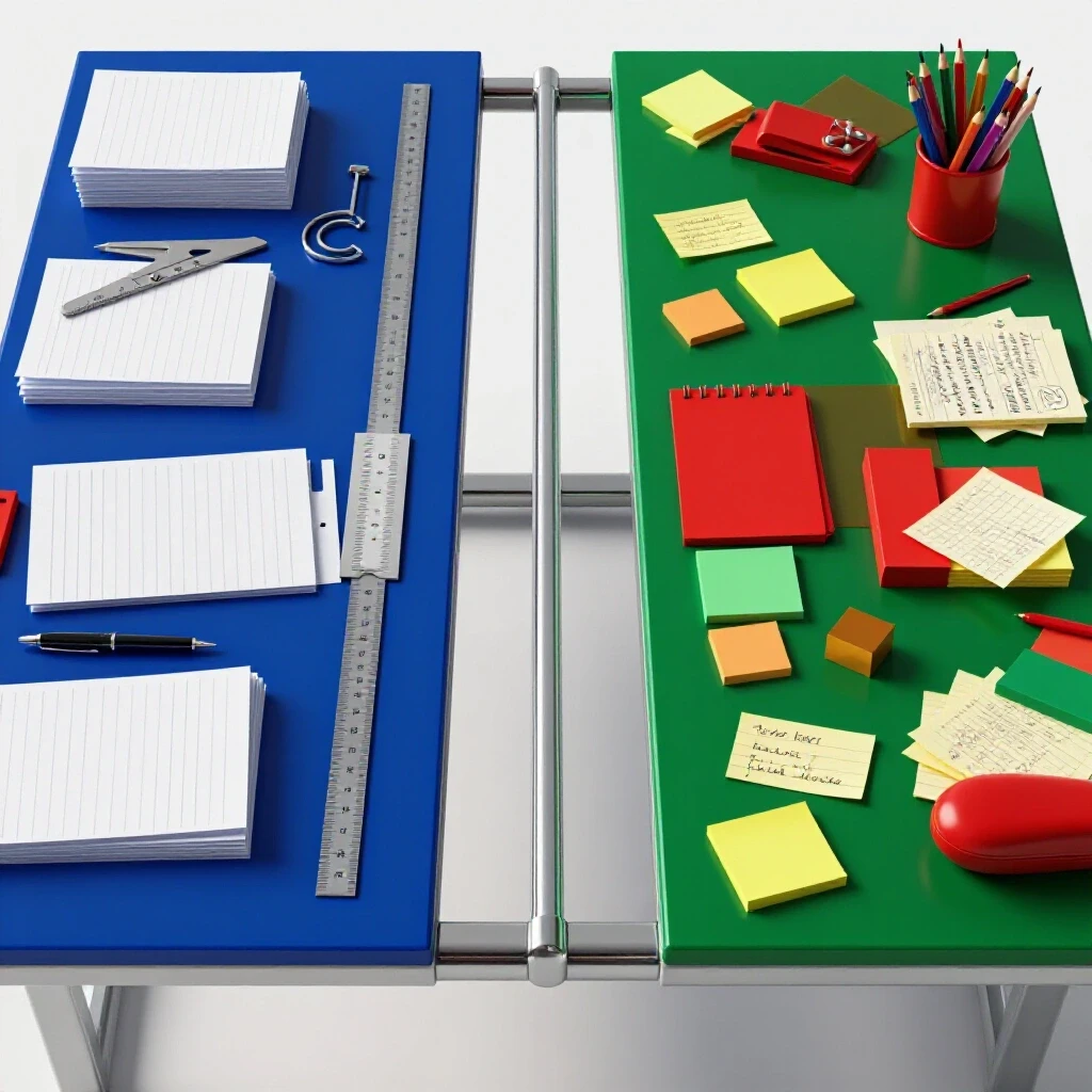 Split workspace scene showing precise organized tools and papers on one side, colorful creative notes on the other, divided for contrast.