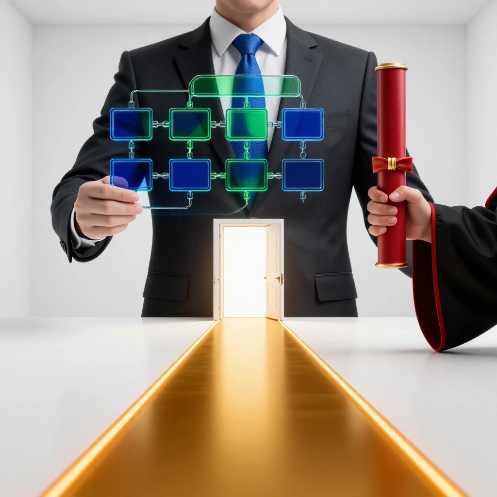Split scene showing a business suit holding a supply chain diagram and academic robe holding a diploma, with a glowing path leading to an open door.
