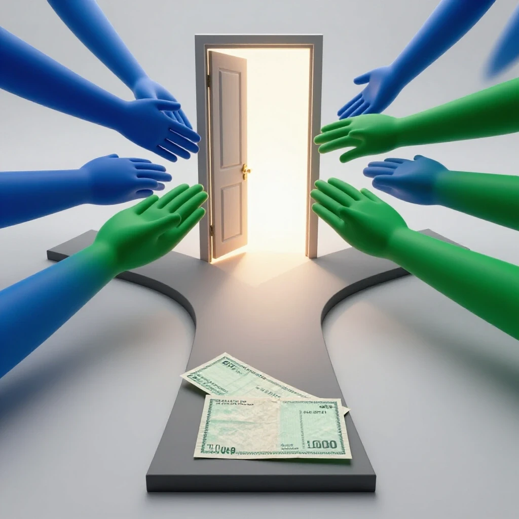 Symbolic crossroads with a faded paycheck and a glowing open door with supportive hands reaching out, set against a bright studio background.
