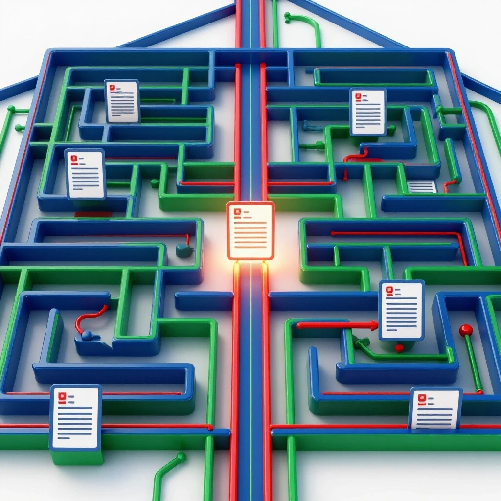 Colorful maze-like digital network with resumes moving through, highlighting success and pitfalls in applicant tracking systems.